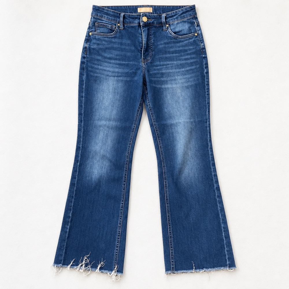 Kut from the Kloth High Rise Crop Flare Jeans Blue Raw Frayed Hem Size 6